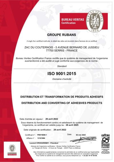 Certification Qualité Groupe RUBANS ISO9001